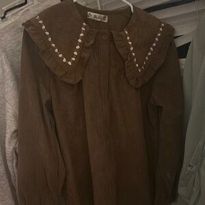 Vintage Brown Corduroy Blouse with Embroidered Collar
